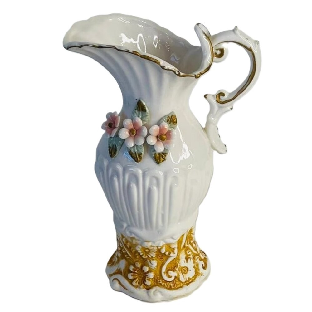 Vtg Capodimonte Style Pitcher Vase 3D Floral 7.5"
